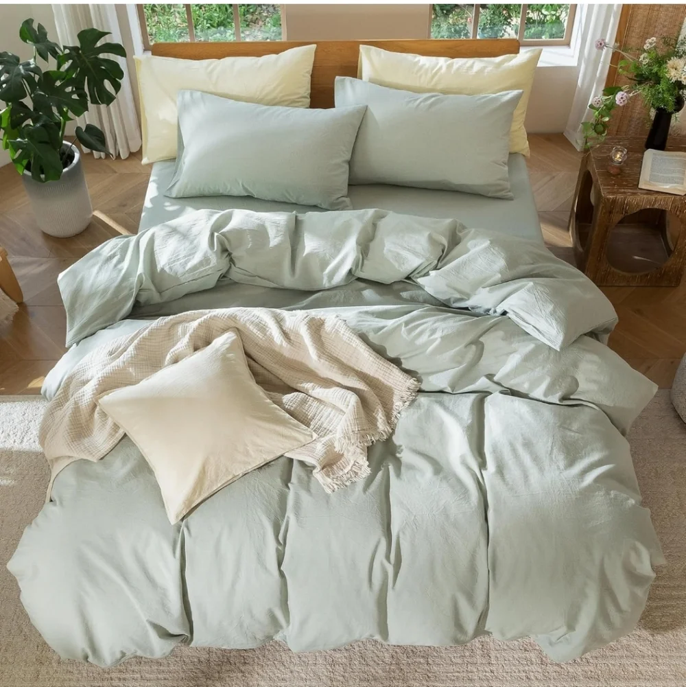 MooMee Bedding Duvet Cover Set 100% Washed Cotton Linen Like Textured Breathable